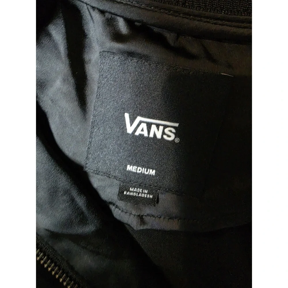 Vans Bomber Jacket Womens Medium Blac Satin Full Zip Embroidered Logo Streetwear
